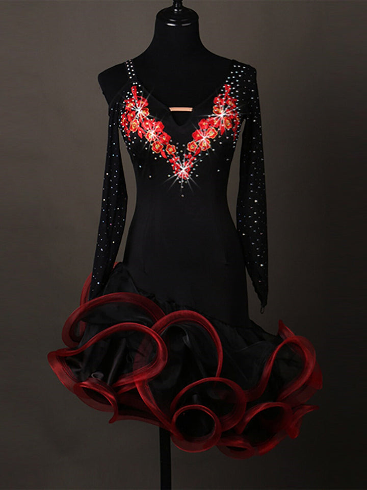 Robe de Danse Latine pour Femme avec Cristaux/Strass, Tenue D'Entraînement et de Performance à Manches Longues