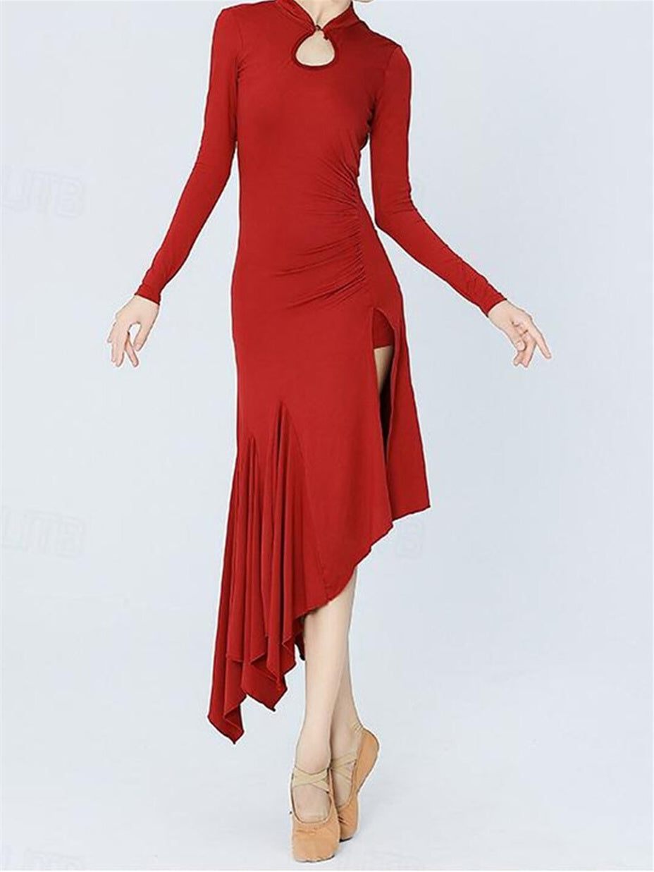 Vêtements de Danse pour Femmes Danse Latine Robe de Danse de Salon Couleur Pure Performance pour Femmes Soirée à Manches Longues