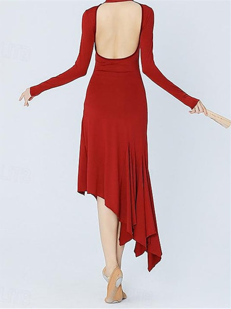 Vêtements de Danse pour Femmes Danse Latine Robe de Danse de Salon Couleur Pure Performance pour Femmes Soirée à Manches Longues