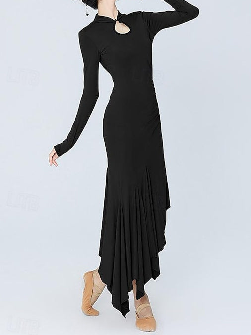 Vêtements de Danse pour Femmes Danse Latine Robe de Danse de Salon Couleur Pure Performance pour Femmes Soirée à Manches Longues