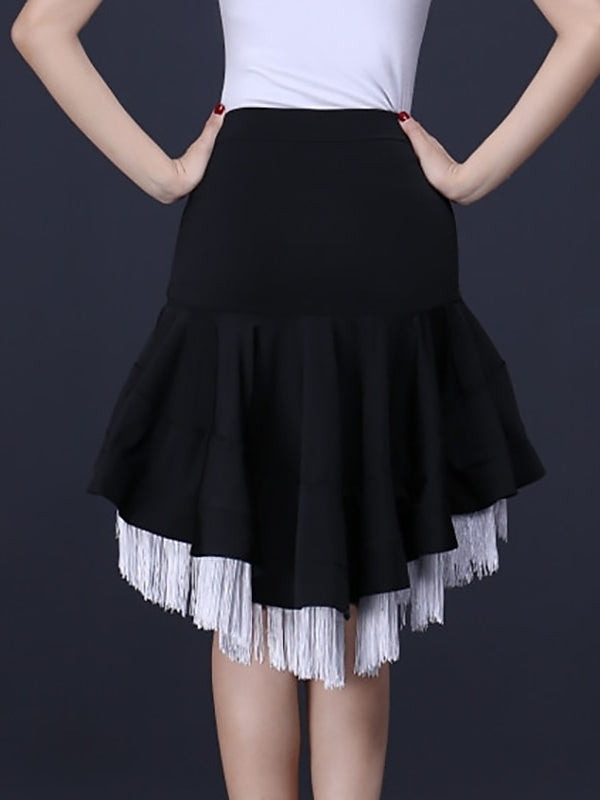 Jupes de Danse Latine pour Femmes, Vêtements de Danse à Franges, Pompons, Couleur Pure, Fronces, Entraînement de Performance, Taille Haute