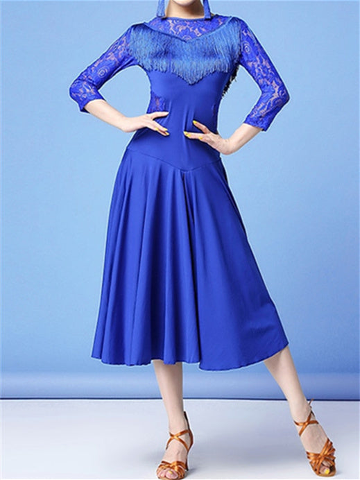 Robe de Danse Latine pour Femmes, en Dentelle, à Franges, Fendue, Pompon, Entraînement, Performance, Manches 3/4, Dentelle Haute