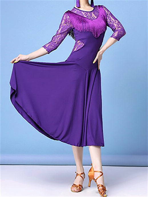 Robe de Danse Latine pour Femmes, en Dentelle, à Franges, Fendue, Pompon, Entraînement, Performance, Manches 3/4, Dentelle Haute