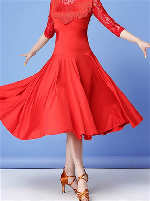 Robe de Danse Latine pour Femmes, en Dentelle, à Franges, Fendue, Pompon, Entraînement, Performance, Manches 3/4, Dentelle Haute