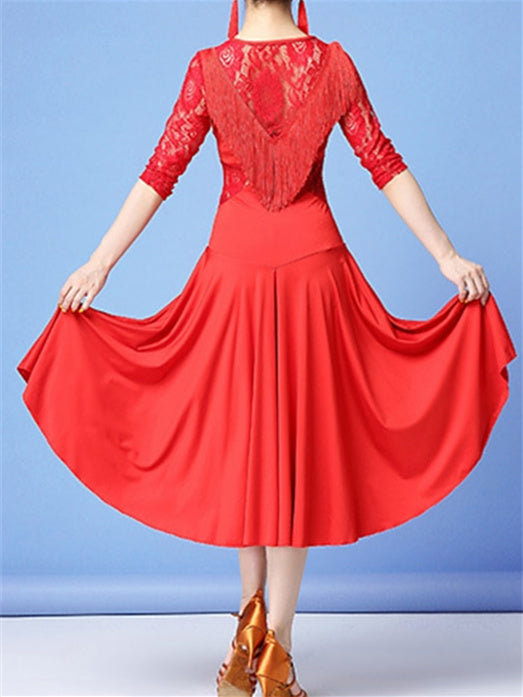Robe de Danse Latine pour Femmes, en Dentelle, à Franges, Fendue, Pompon, Entraînement, Performance, Manches 3/4, Dentelle Haute