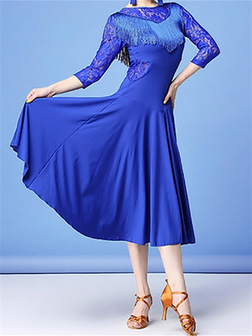 Robe de Danse Latine pour Femmes, en Dentelle, à Franges, Fendue, Pompon, Entraînement, Performance, Manches 3/4, Dentelle Haute