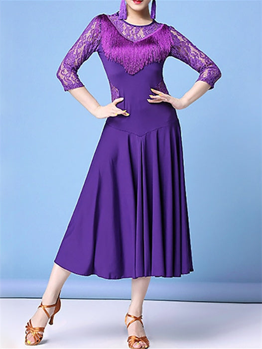 Robe de Danse Latine pour Femmes, en Dentelle, à Franges, Fendue, Pompon, Entraînement, Performance, Manches 3/4, Dentelle Haute