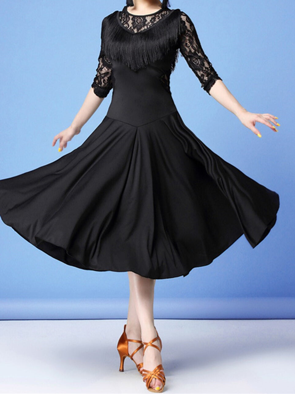 Robe de Danse Latine pour Femmes, en Dentelle, à Franges, Fendue, Pompon, Entraînement, Performance, Manches 3/4, Dentelle Haute