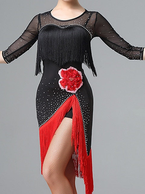Robe De Danse Latine À Franges Et Pompons Pour Femme, Manches Mi-Longues, Maille Et Fibre De Lait