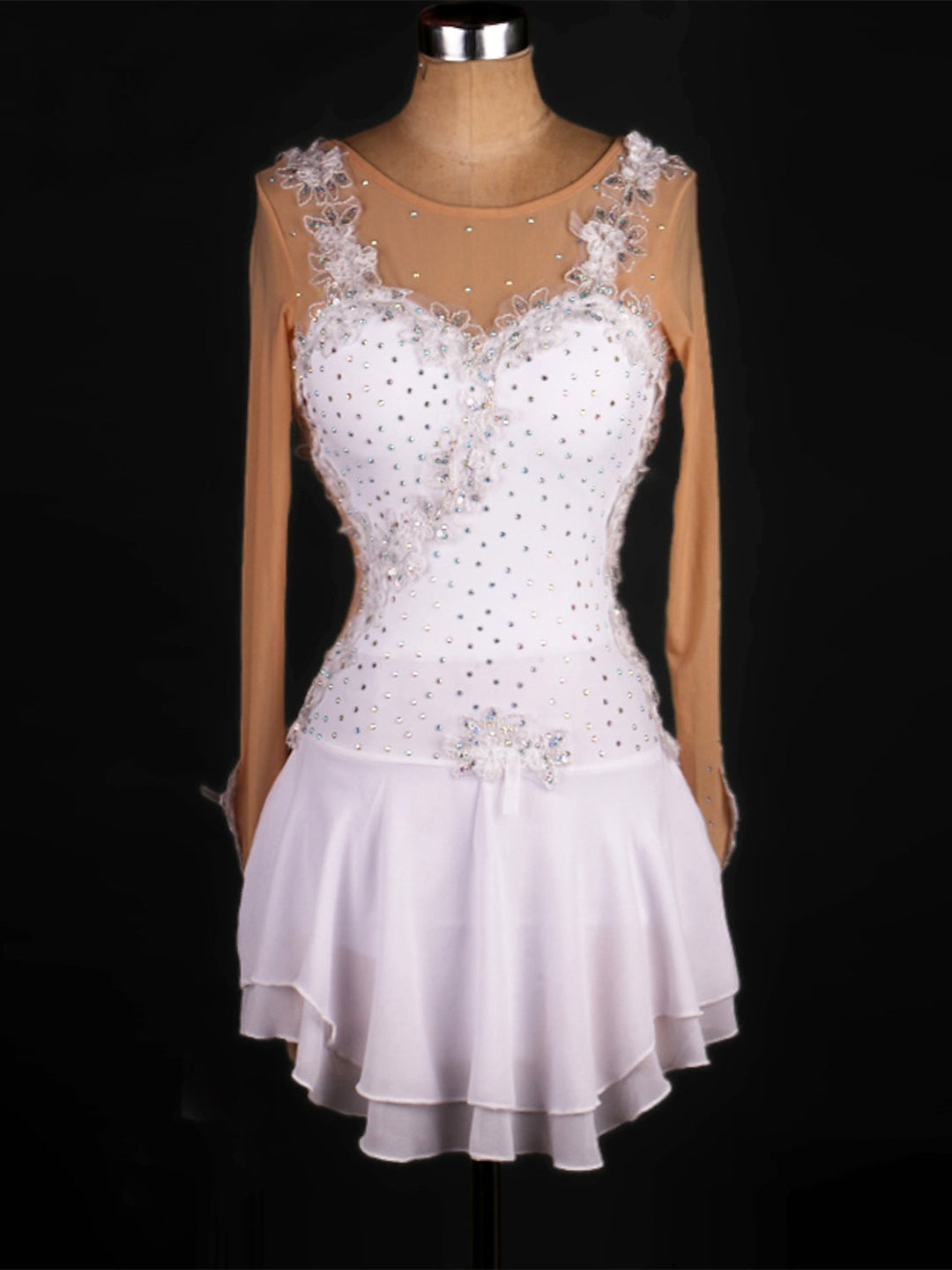 Robe de Patinage Artistique pour Femme en Dentelle Latine avec Cristaux/Strass et Manches Longues