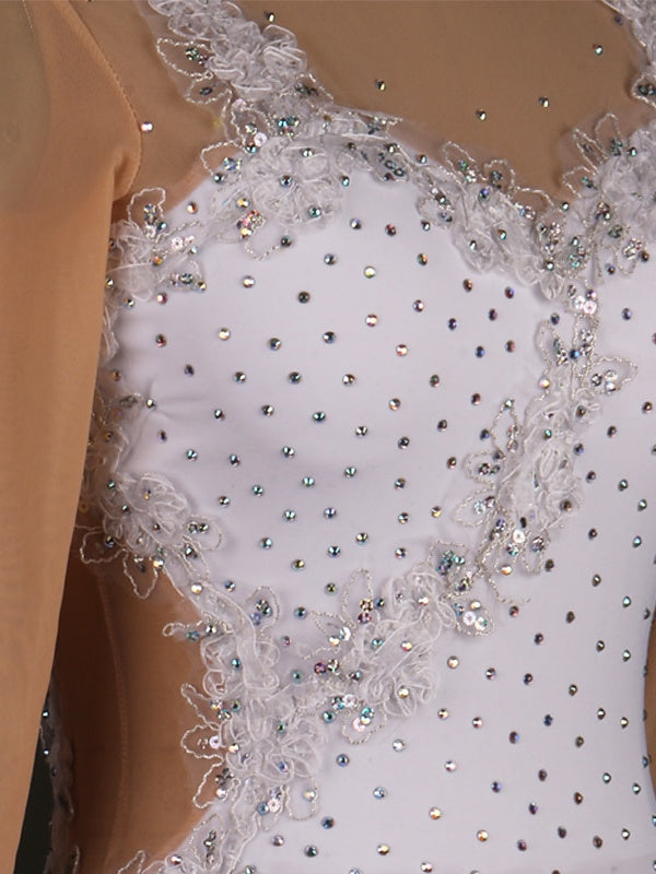 Robe de Patinage Artistique pour Femme en Dentelle Latine avec Cristaux/Strass et Manches Longues