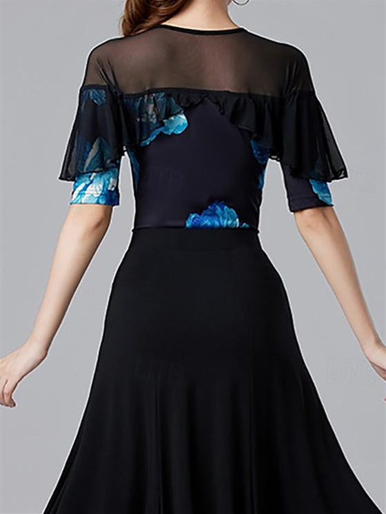 Haut de Danse Latine pour Femme, Imprimé Tulle, Épissure, Entraînement de Performance, Manches Mi-Longues Hautes