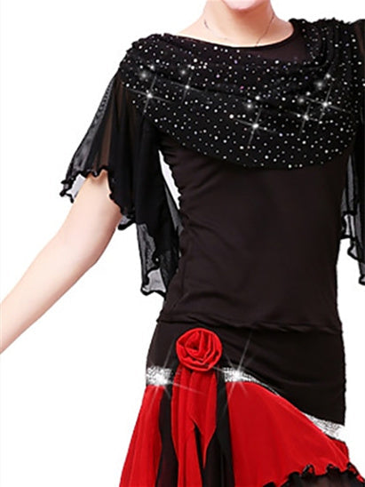 Haut de Danse Latine Scintillant à Volants pour Femmes, Couleur Unie, Manches Courtes Rondes