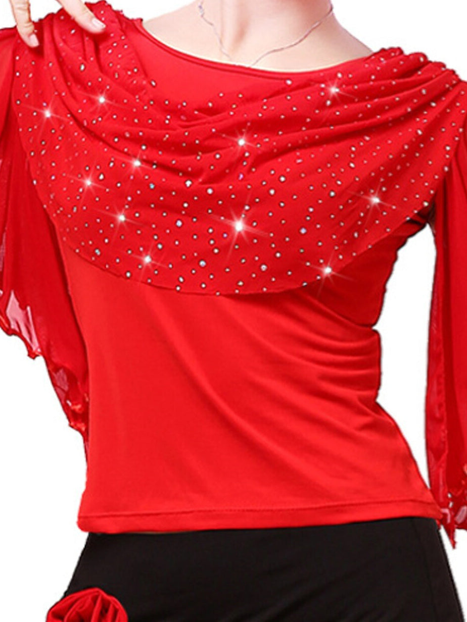 Haut de Danse Latine Scintillant à Volants pour Femmes, Couleur Unie, Manches Courtes Rondes