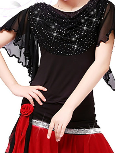 Haut de Danse Latine Scintillant à Volants pour Femmes, Couleur Unie, Manches Courtes Rondes