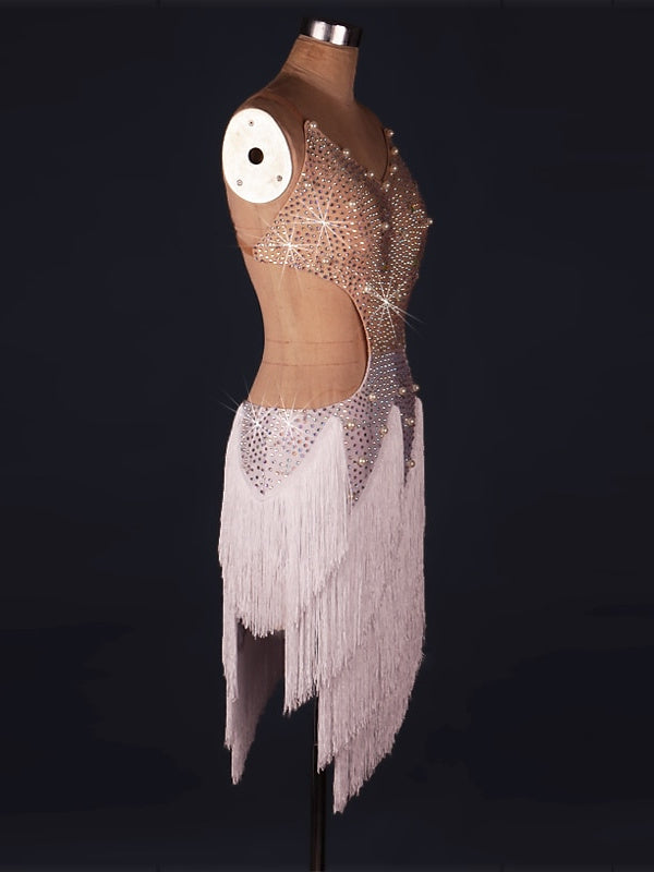 Robe de Danse Latine pour Femmes, en Élasthanne, à Franges et Pompons, Sans Manches, Naturelle