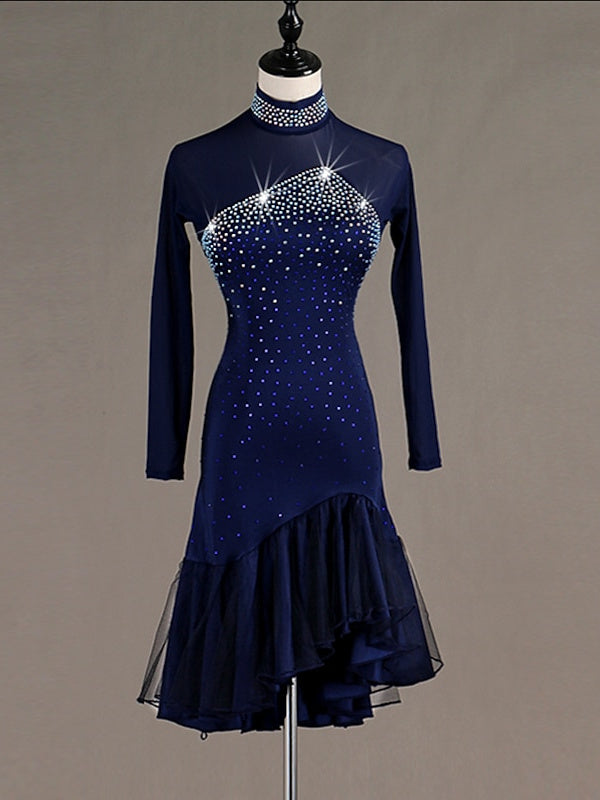 Robe de Danse Latine à Manches Longues pour Femme avec Cristaux/Strass