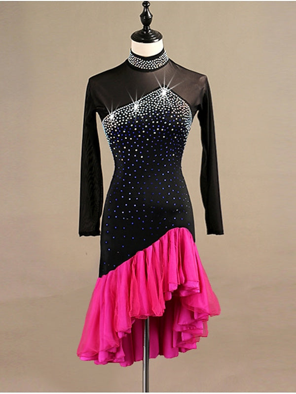 Robe de Danse Latine à Manches Longues pour Femme avec Cristaux/Strass
