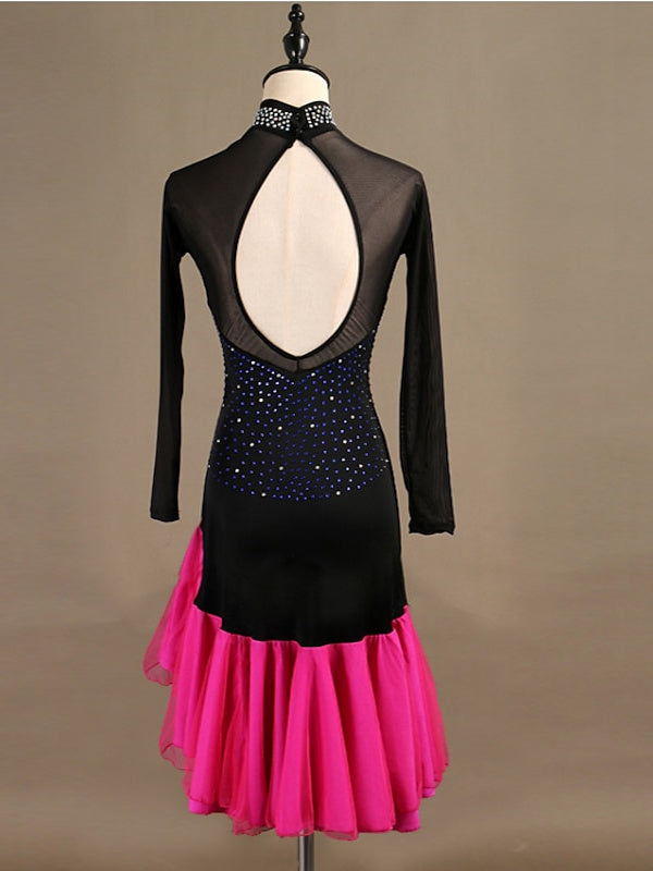 Robe de Danse Latine à Manches Longues pour Femme avec Cristaux/Strass