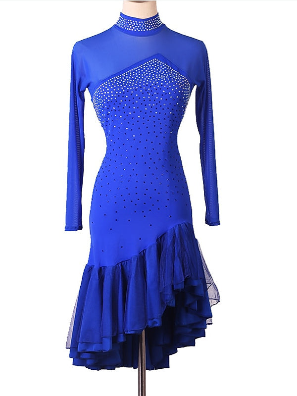 Robe de Danse Latine à Manches Longues pour Femme avec Cristaux/Strass