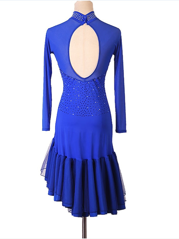Robe de Danse Latine à Manches Longues pour Femme avec Cristaux/Strass
