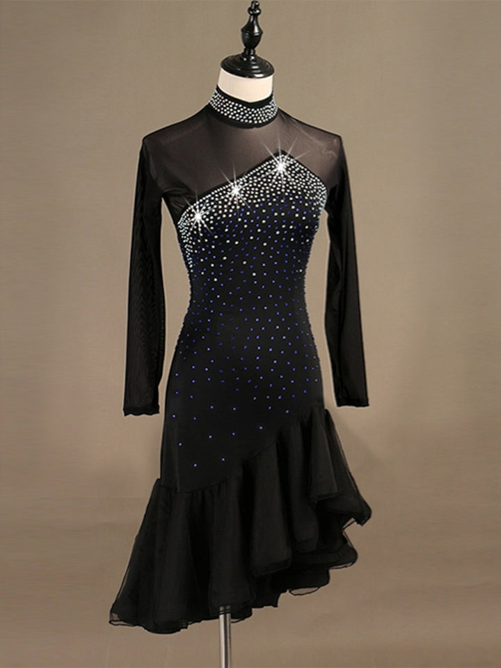 Robe de Danse Latine à Manches Longues pour Femme avec Cristaux/Strass