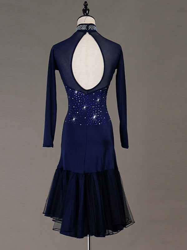 Robe de Danse Latine à Manches Longues pour Femme avec Cristaux/Strass