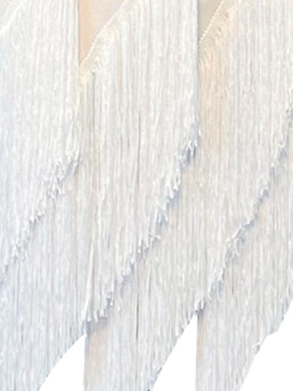 Robe de Danse Latine à Manches Longues et Pompons en Élasthanne pour Femme