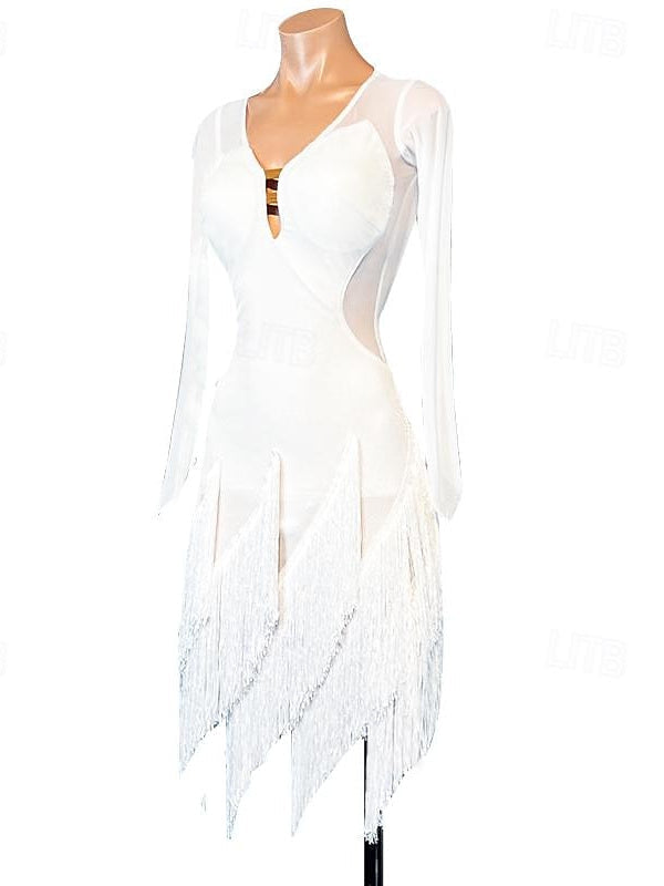 Robe de Danse Latine à Manches Longues et Pompons en Élasthanne pour Femme