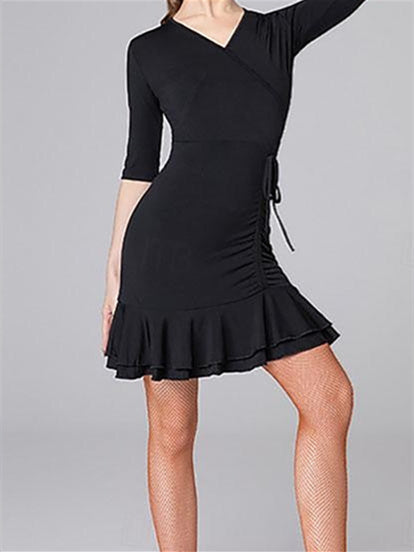Robe de Danse Latine en Polyester pour Femmes, Couleur Pure, Volants Épissés, Manches Mi-Longues Hautes