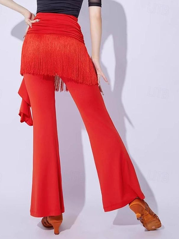 Pantalon de Danse de Salon de Danse Latine à Pompons, Épissure de Couleur Pure, Entraînement de Performance pour Femmes, Fibre de Lait