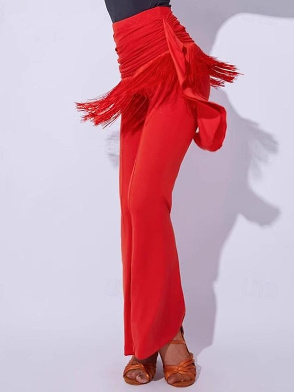 Pantalon de Danse de Salon de Danse Latine à Pompons, Épissure de Couleur Pure, Entraînement de Performance pour Femmes, Fibre de Lait