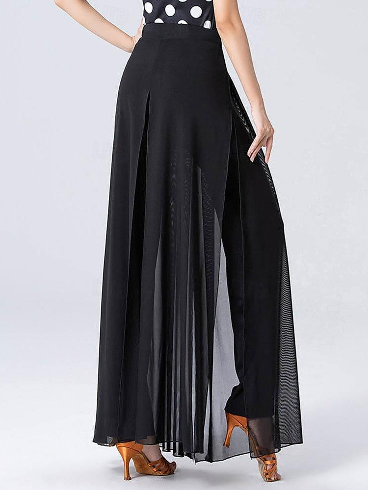 Pantalon de Danse de Salon de Danse Latine en Tulle Épissé de Couleur Pure pour Femme, Entraînement de Performance, Mélange de Polyester et de Coton