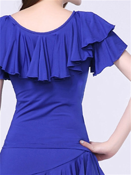 Danse Latine pour Femmes, Danse de Salon, Volants en Fibre de Lait, Couleur Pure, Manches Courtes, Col Rond