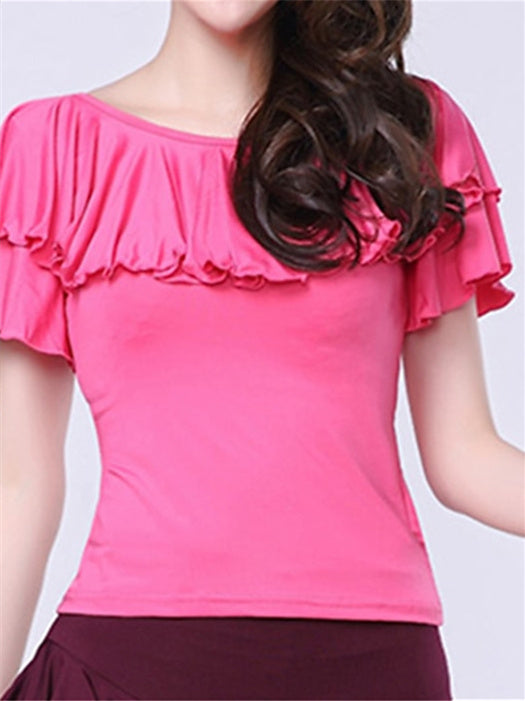 Danse Latine pour Femmes, Danse de Salon, Volants en Fibre de Lait, Couleur Pure, Manches Courtes, Col Rond