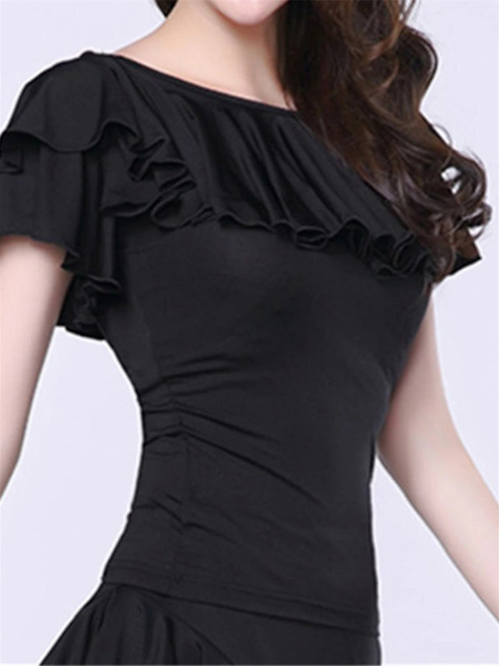 Danse Latine pour Femmes, Danse de Salon, Volants en Fibre de Lait, Couleur Pure, Manches Courtes, Col Rond