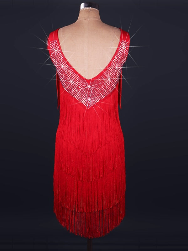 Robe De Danse Latine À Volants En Cristal/Strass Pour Femme, Sans Manches, En Élasthanne Et Dentelle