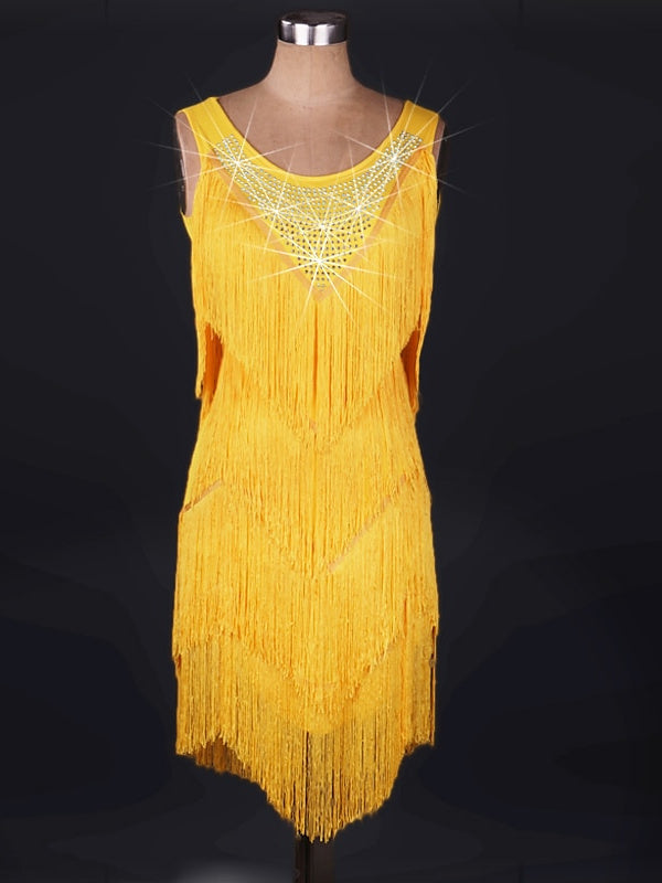 Robe De Danse Latine À Volants En Cristal/Strass Pour Femme, Sans Manches, En Élasthanne Et Dentelle