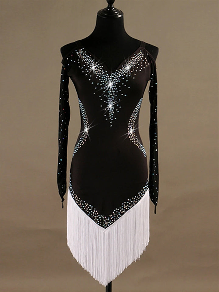 Robe de Danse Latine Cristaux / Strass Manches Longues Haute Spandex Tulle Femmeéˆ¥Æ¦® Entraînement