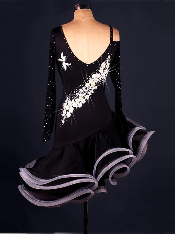 Robe de Danse Salsa Latine Cristaux/Strass Manches Longues Spandex Organza Femmeéˆ¥Æ¦® Entraînement Performance