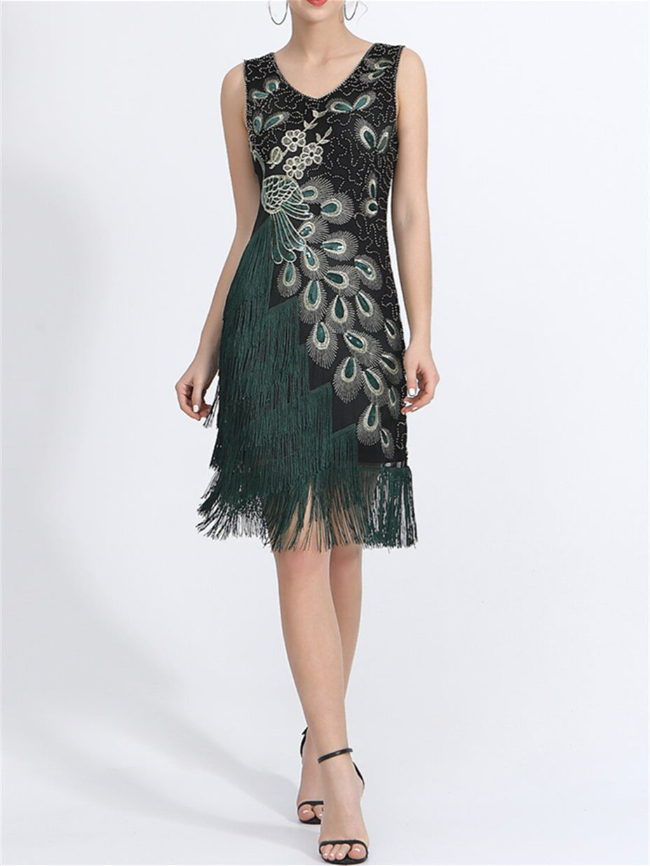 Robe de Danse Latine à Paillettes et Perles Sans Manches en Polyester Naturel pour Femme