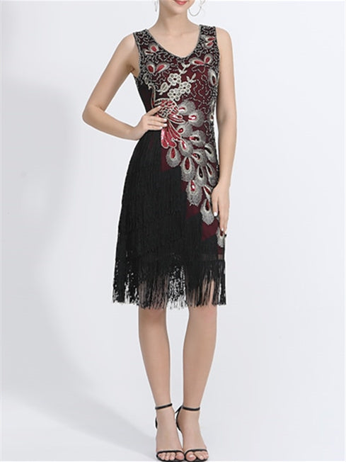 Robe de Danse Latine à Paillettes et Perles Sans Manches en Polyester Naturel pour Femme