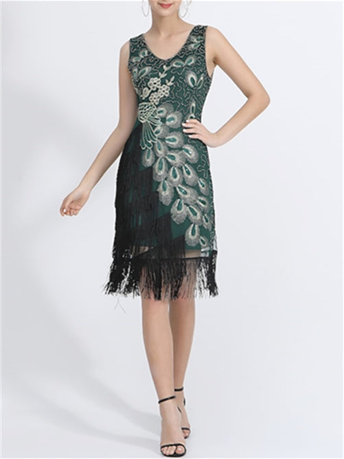 Robe de Danse Latine à Paillettes et Perles Sans Manches en Polyester Naturel pour Femme