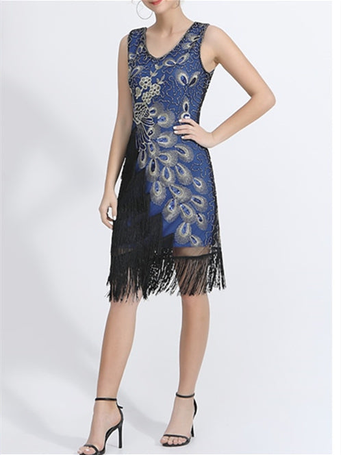 Robe de Danse Latine à Paillettes et Perles Sans Manches en Polyester Naturel pour Femme