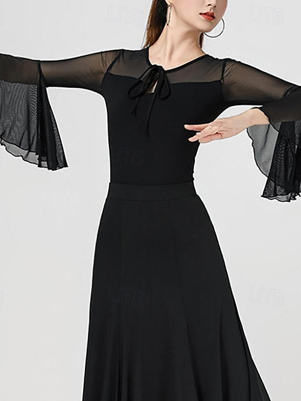 Haut de Danse Latine Couleur Pure Épissage Sans Manches Haute Performance en Tulle Polyester Entraînement de Performance pour Femmes