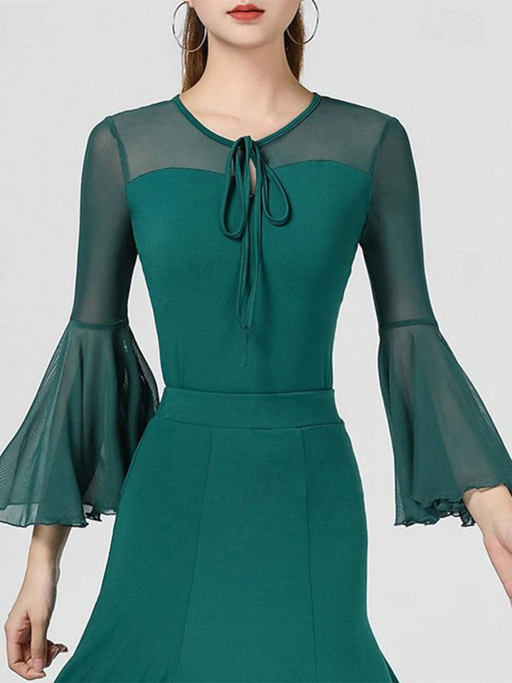 Haut de Danse Latine Couleur Pure Épissage Sans Manches Haute Performance en Tulle Polyester Entraînement de Performance pour Femmes