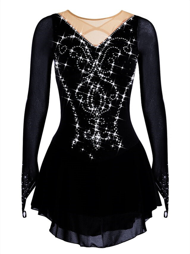 Robe de Patinage Artistique à Paillettes pour Femmes et Filles, Manches Longues, Robe de Danse de Patinage Sur Glace