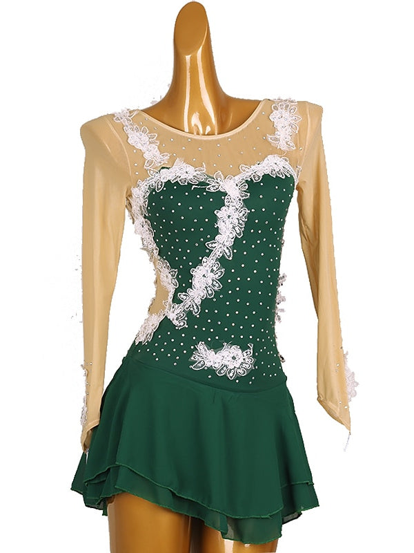 Robe de Danse Sur Glace Légère et Légère pour Femmes et Filles, en Maille et Dentelle Élasthanne, Motif Floral, Haute Élasticité