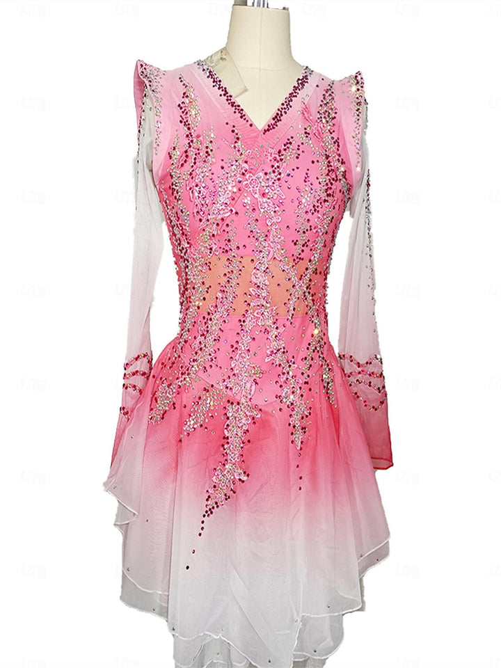 Robe de Patinage Artistique pour Femmes et Filles, Robe de Patinage Sur Glace Rose, Dos Ouvert en Patchwork, Maille Élasthanne, Extensible, Cristal/Strass