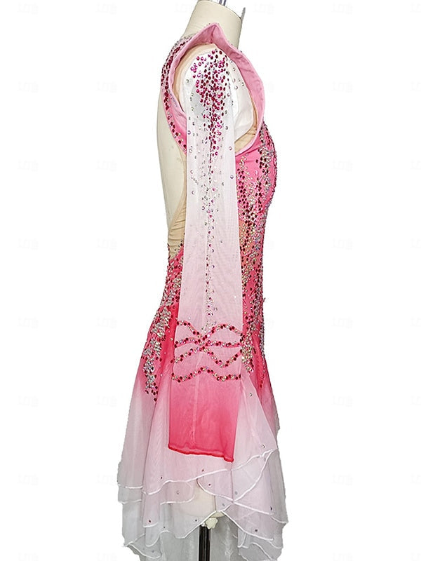 Robe de Patinage Artistique pour Femmes et Filles, Robe de Patinage Sur Glace Rose, Dos Ouvert en Patchwork, Maille Élasthanne, Extensible, Cristal/Strass